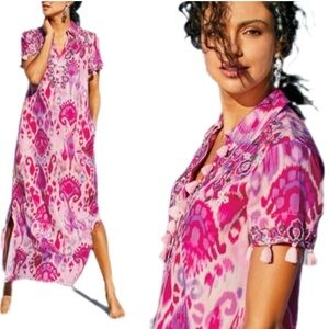 Soft Surroundings Shirt Dress Womens Pink Sequin Embroidered Maxi Boho Tassels